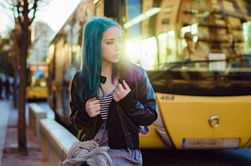 Purple Green Hair Girl In Public Wallpaper