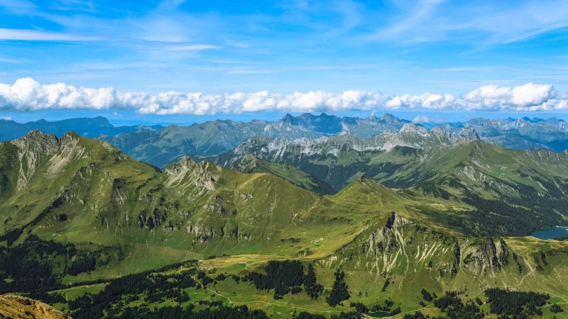 Greenery Mountains Green Trees River Under White Clouds Blue Sky 4K HD Nature Wallpaper