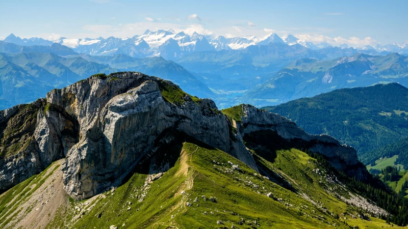 Rock Greenery Mountains Snow In White Clouds Blue Sky Background 4K HD Nature Wallpaper