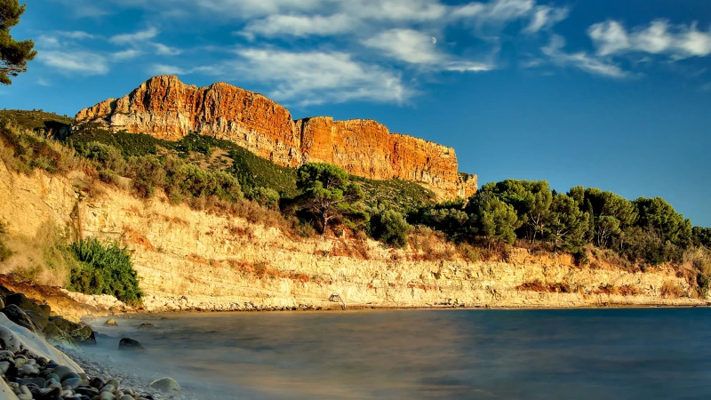 Rocks Coast Sea Green Trees Under White Clouds Bue Sky HD Nature Wallpaper